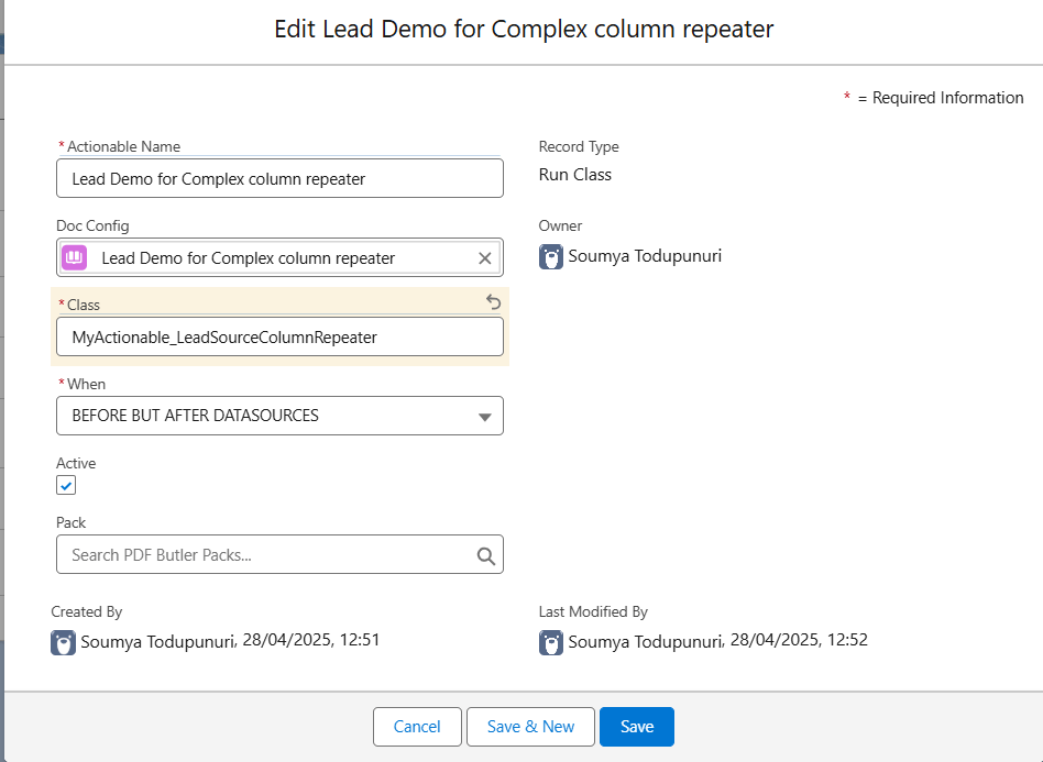 Complex Column Repeater LeadSource Example Complex column repeater Actionable record